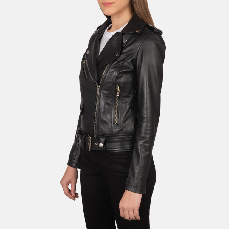 Womens Alison Black Leather Biker Jacket Side Pose-3-1659378912022
